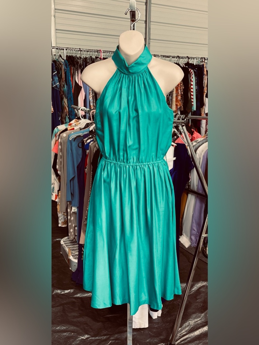 Vintage - Teal Green Halter Satiny Dress
